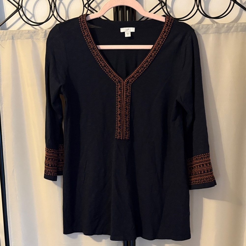 J. Jill Navy Blue Tunic with Rust Embroidered Trim
